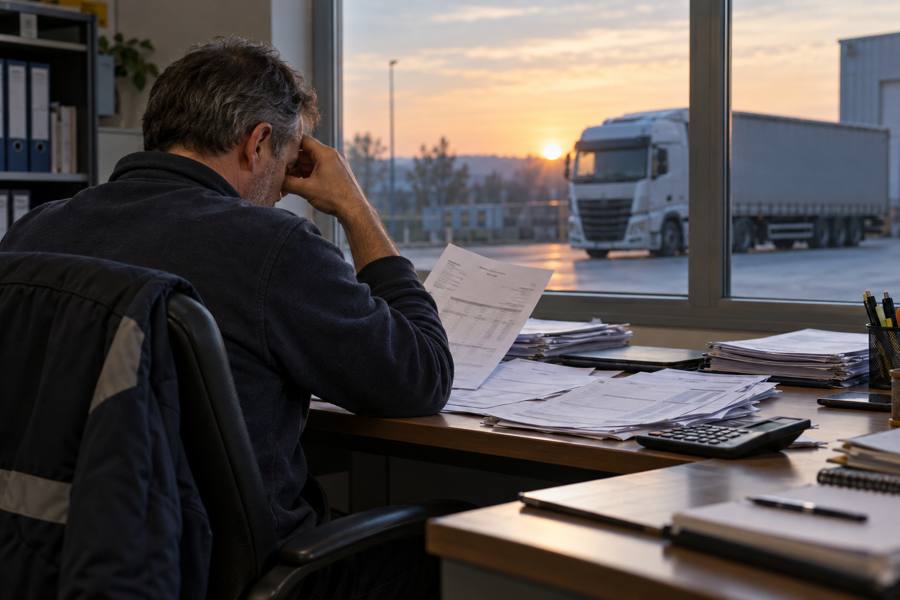 Titolare di una SRL di autotrasporto esamina fatture e costi nel suo ufficio, con un camion sullo sfondo